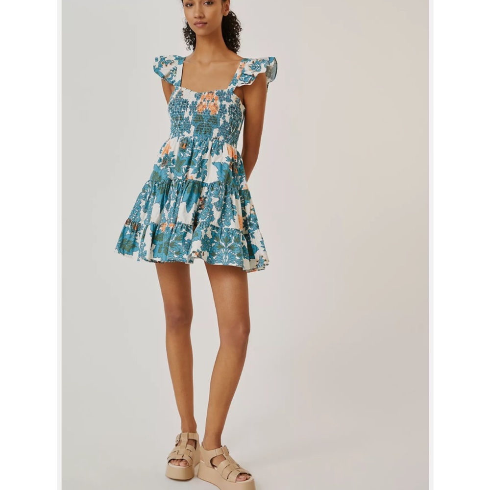 Forever that girl Anthropologie Blue and White Floral Ruffle Dress